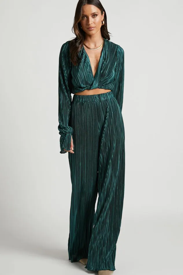 Aluna Two Piece Set 8211 Plisse Twist Front Crop Top And Wide Leg Pants Set In Forest Green Women Showpo Modest Clothing Aluna Two Piece Set 8211 Plisse Twist Front Crop Top And Wide Leg Pants Set In Forest Green Women Showpo Modest Clothing