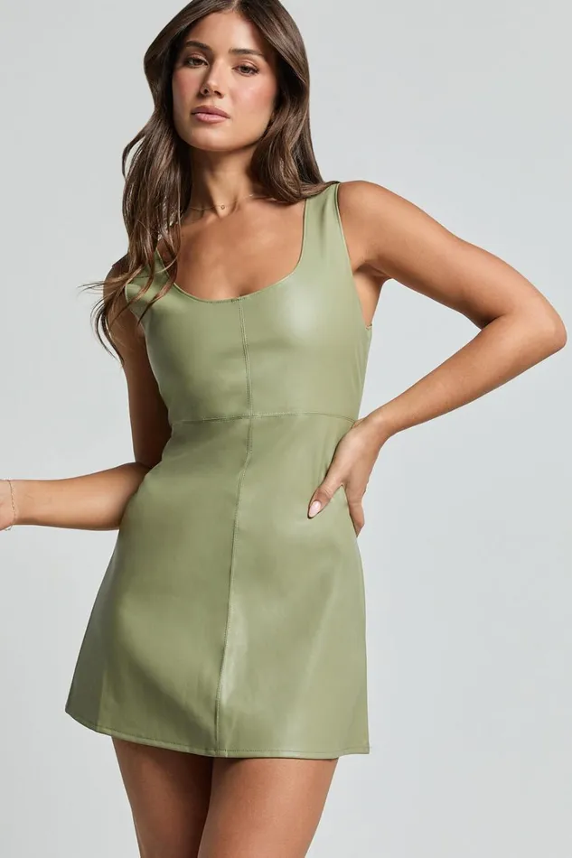 Alvera Mini Dress 8211 Square Neck Sleeveless A Line Dress In Sage Women Showpo Dresses