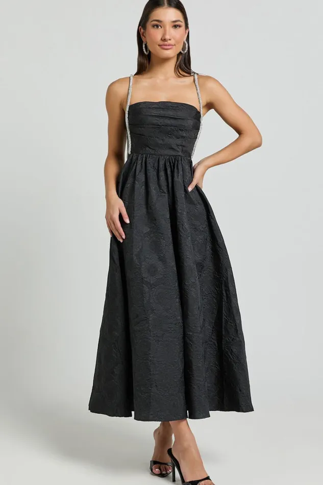 Alvia Midi Dress 8211 Diamante Strap Ruched Straight Neck Dress In Black Women Showpo Dresses
