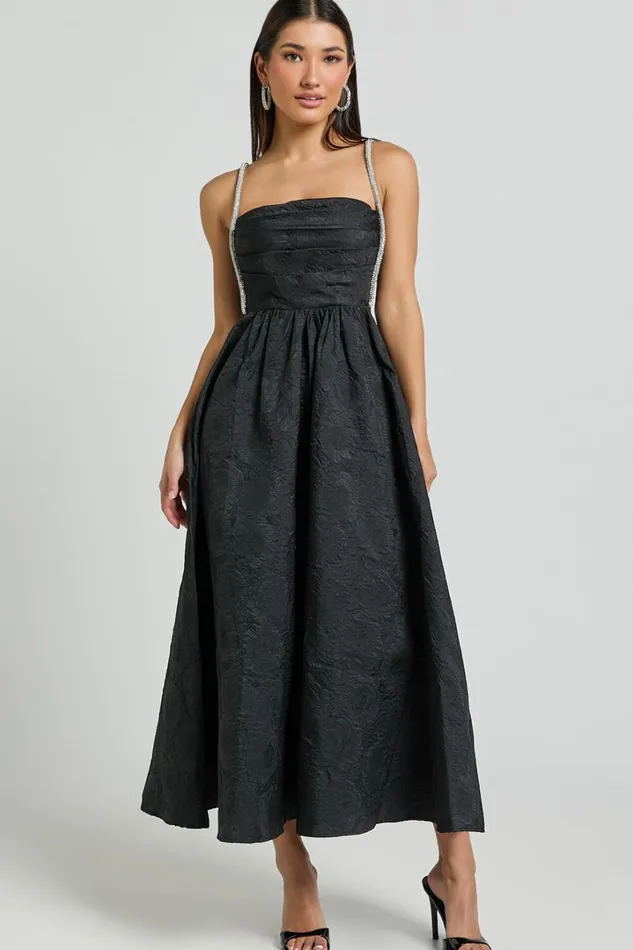 Alvia Midi Dress 8211 Diamante Strap Ruched Straight Neck Dress In Black Women Showpo Dresses