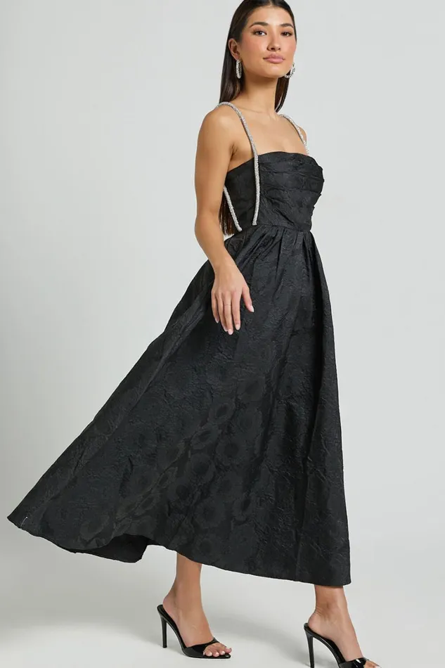Alvia Midi Dress 8211 Diamante Strap Ruched Straight Neck Dress In Black Women Showpo Dresses