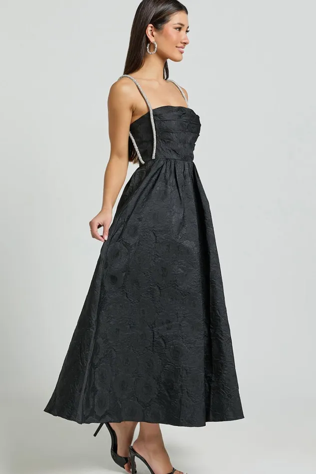 Alvia Midi Dress 8211 Diamante Strap Ruched Straight Neck Dress In Black Women Showpo Dresses