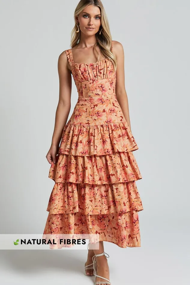 Amalie The Label 8211 Adela Linen Blend Tiered Midi Dress In Valencia Print Women Showpo Dresses Amalie The Label 8211 Adela Linen Blend Tiered Midi Dress In Valencia Print Women Showpo Dresses