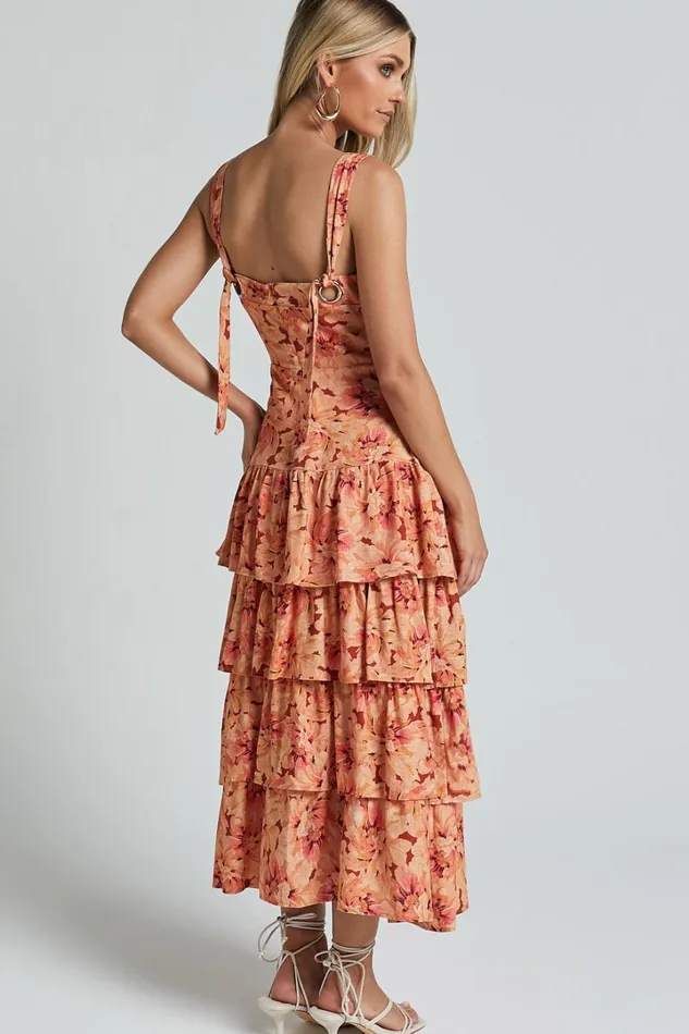 Amalie The Label 8211 Adela Linen Blend Tiered Midi Dress In Valencia Print Women Showpo Dresses