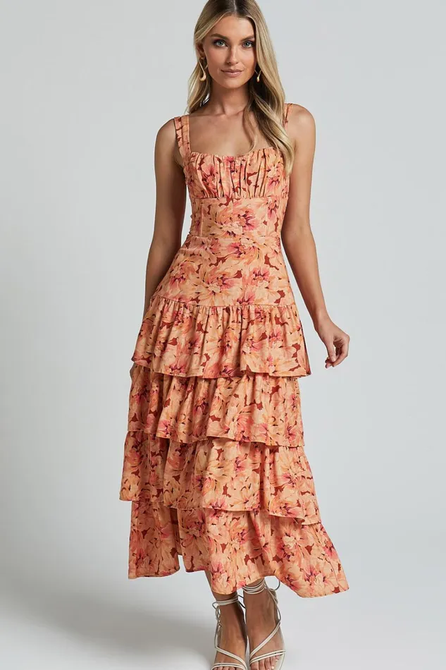 Amalie The Label 8211 Adela Linen Blend Tiered Midi Dress In Valencia Print Women Showpo Dresses