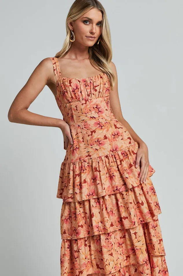 Amalie The Label 8211 Adela Linen Blend Tiered Midi Dress In Valencia Print Women Showpo Dresses