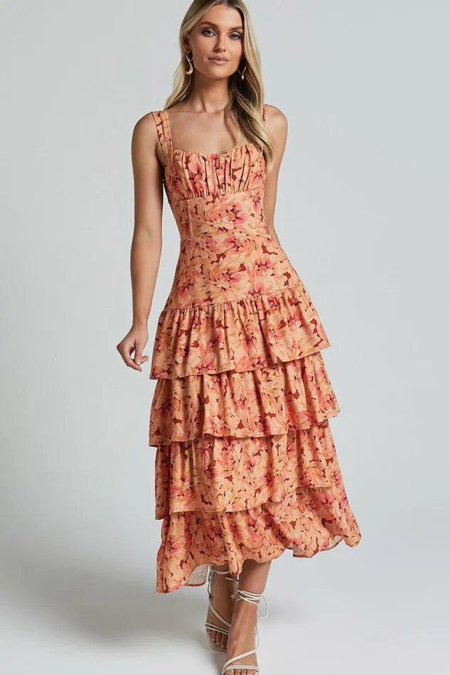 Amalie The Label 8211 Adela Linen Blend Tiered Midi Dress In Valencia Print Women Showpo Dresses