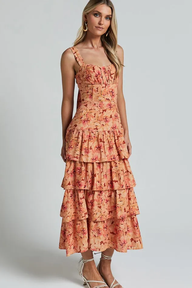 Amalie The Label 8211 Adela Linen Blend Tiered Midi Dress In Valencia Print Women Showpo Dresses