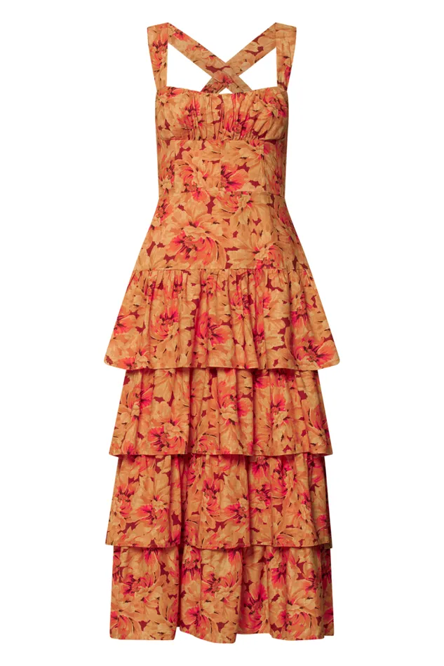 Amalie The Label 8211 Adela Linen Blend Tiered Midi Dress In Valencia Print Women Showpo Dresses