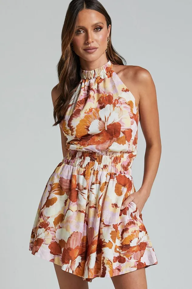 Amalie The Label 8211 Chevonne Linen Blend Halter Neck Playsuit In Baku Print Women Showpo Rompers