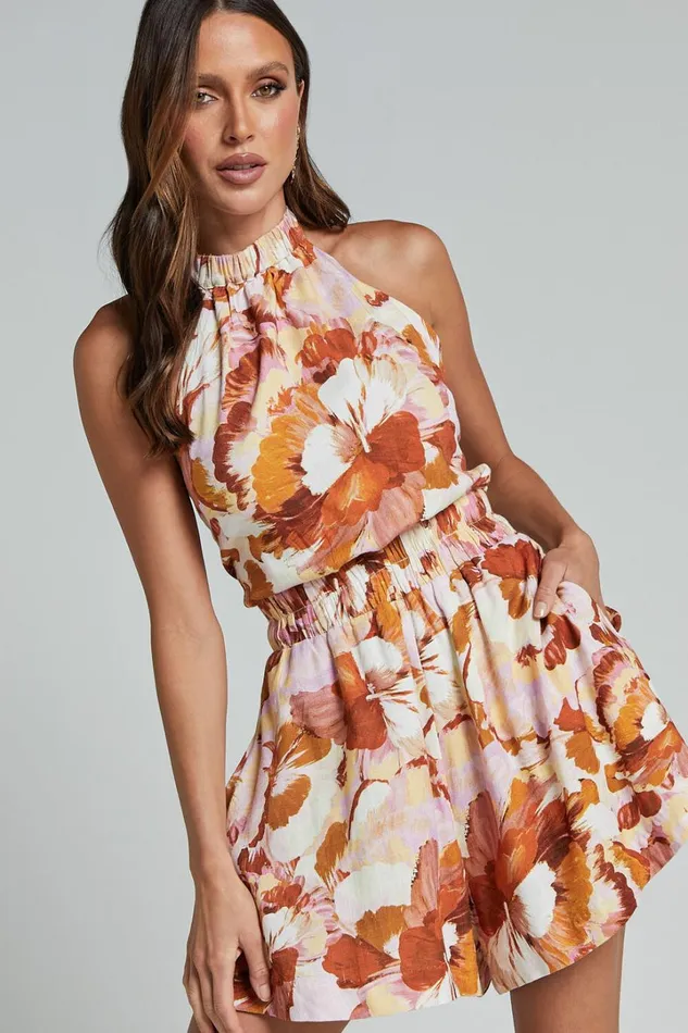 Amalie The Label 8211 Chevonne Linen Blend Halter Neck Playsuit In Baku Print Women Showpo Rompers