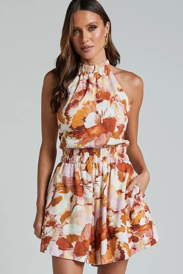 Amalie The Label 8211 Chevonne Linen Blend Halter Neck Playsuit In Baku Print Women Showpo Rompers