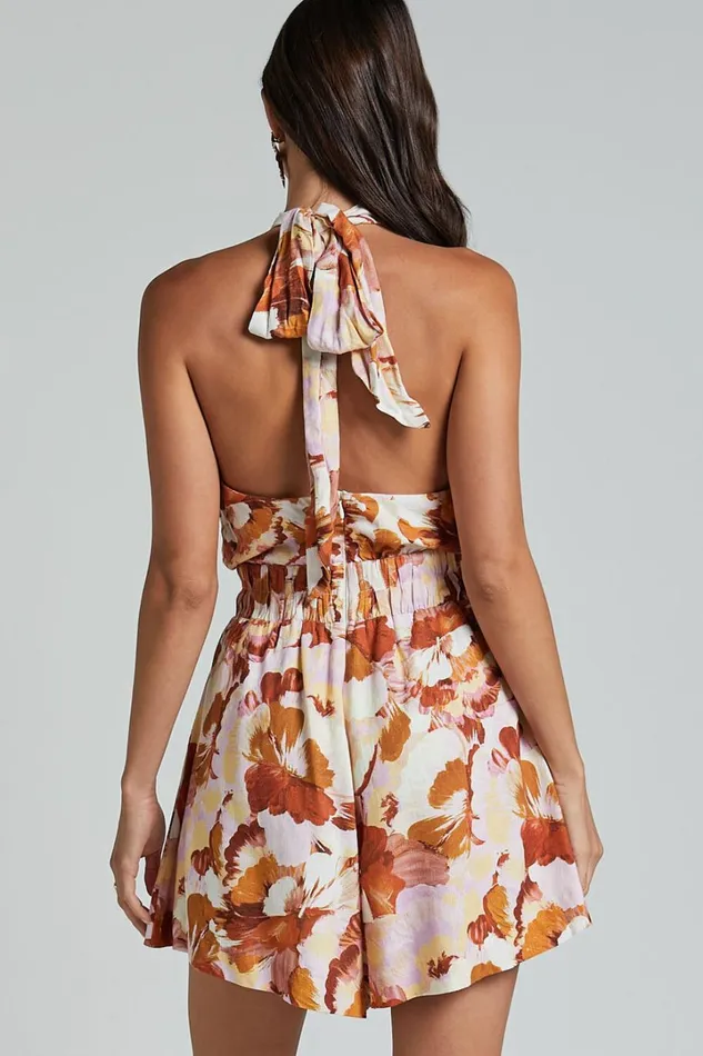 Amalie The Label 8211 Chevonne Linen Blend Halter Neck Playsuit In Baku Print Women Showpo Rompers