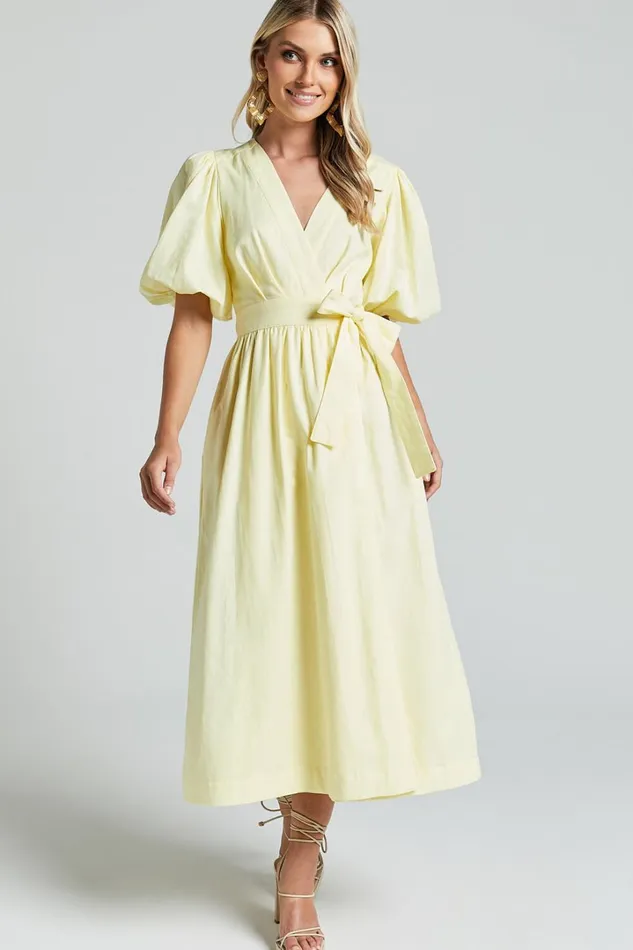 Amalie The Label 8211 Franc Linen Puff Sleeve Wrap Midi Dress In Lemon Women Showpo Dresses Amalie The Label 8211 Franc Linen Puff Sleeve Wrap Midi Dress In Lemon Women Showpo Dresses