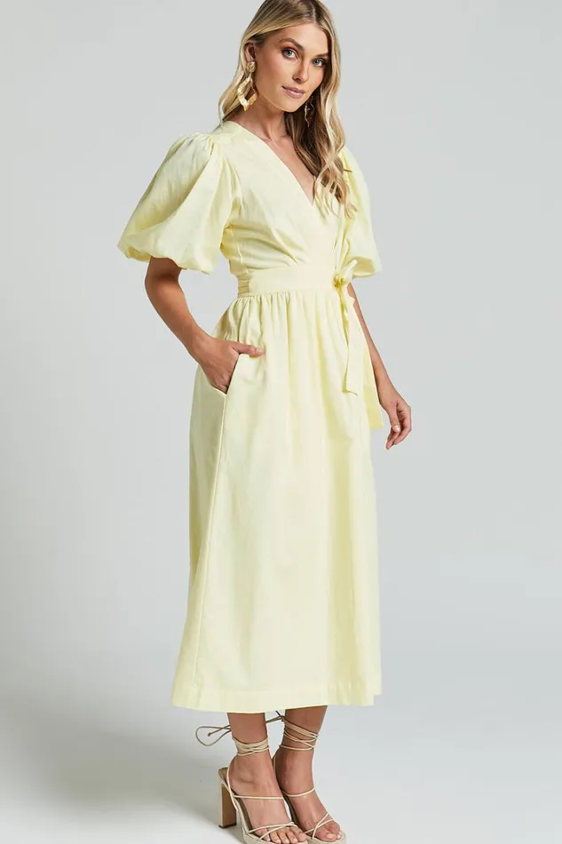 Amalie The Label 8211 Franc Linen Puff Sleeve Wrap Midi Dress In Lemon Women Showpo Dresses