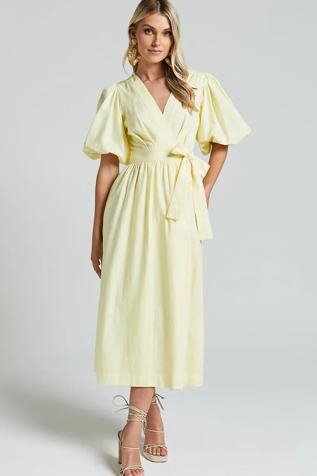 Amalie The Label 8211 Franc Linen Puff Sleeve Wrap Midi Dress In Lemon Women Showpo Dresses