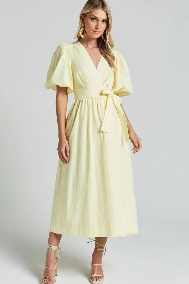 Amalie The Label 8211 Franc Linen Puff Sleeve Wrap Midi Dress In Lemon Women Showpo Dresses