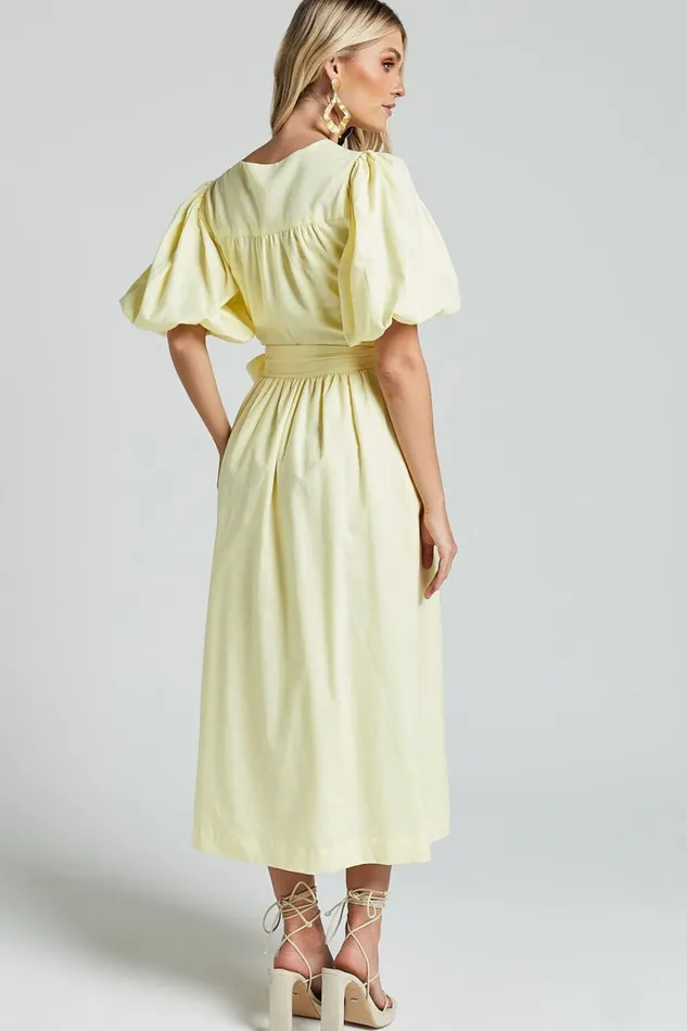 Amalie The Label 8211 Franc Linen Puff Sleeve Wrap Midi Dress In Lemon Women Showpo Dresses