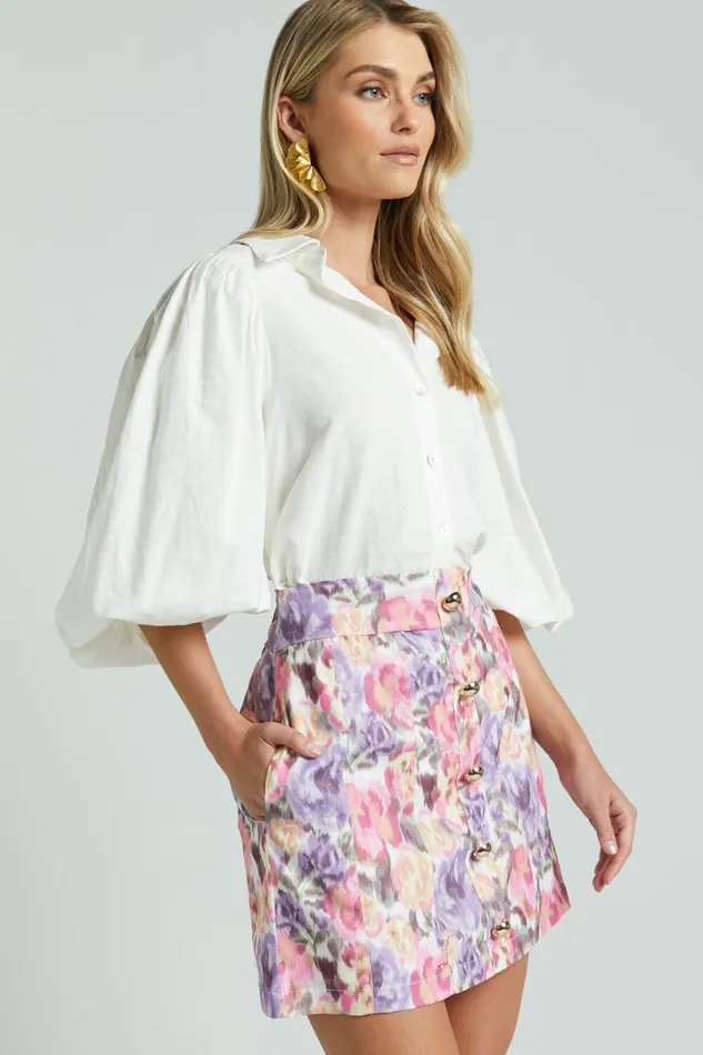 Amalie The Label 8211 Hanae Linen Blend Collared Button Through Puff Sleeve Shirt In White Women Showpo Tops