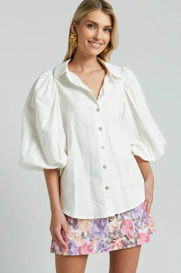 Amalie The Label 8211 Hanae Linen Blend Collared Button Through Puff Sleeve Shirt In White Women Showpo Tops