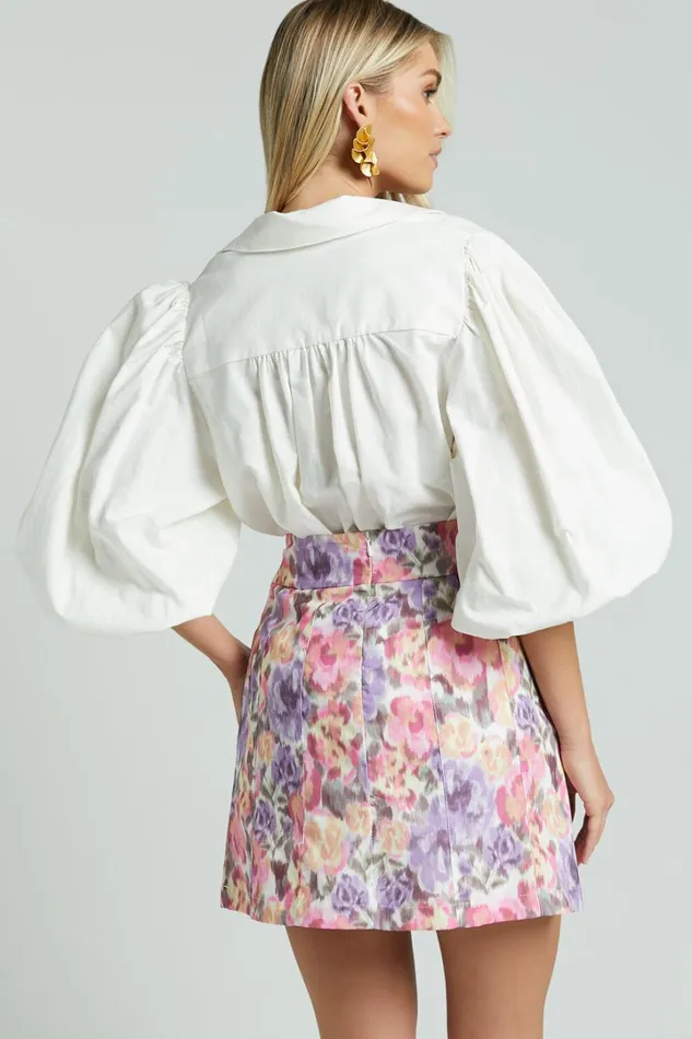 Amalie The Label 8211 Hanae Linen Blend Collared Button Through Puff Sleeve Shirt In White Women Showpo Tops