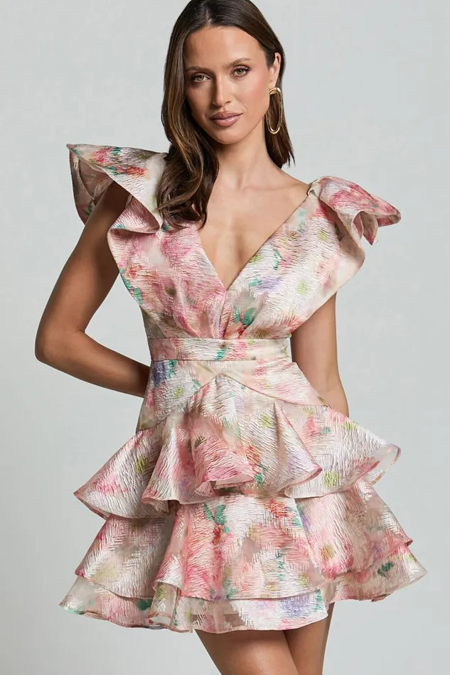 Amalie The Label 8211 Layla Jacquard Flutter Sleeve Tiered Mini Dress In Blush Women Showpo Dresses
