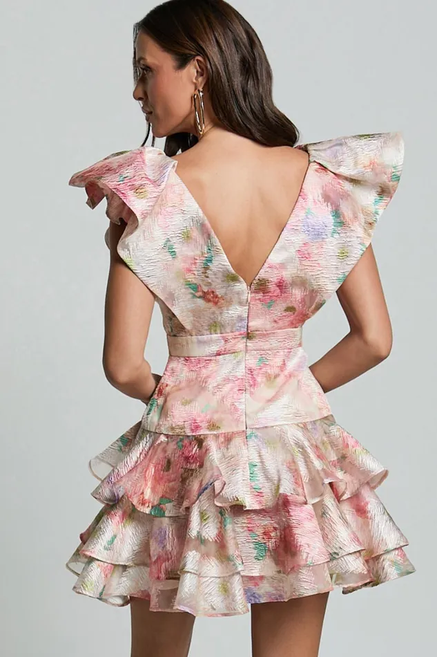 Amalie The Label 8211 Layla Jacquard Flutter Sleeve Tiered Mini Dress In Blush Women Showpo Dresses