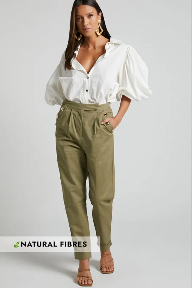 Amalie The Label 8211 Mael Linen Blend High Waisted Tapered Pants In Khaki Women Showpo Pants