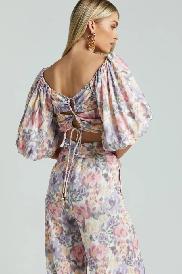 Amalie The Label 8211 Mimie Linen Blend Short Puff Sleeve Tie Back Top In Aurora Print Women Showpo Tops