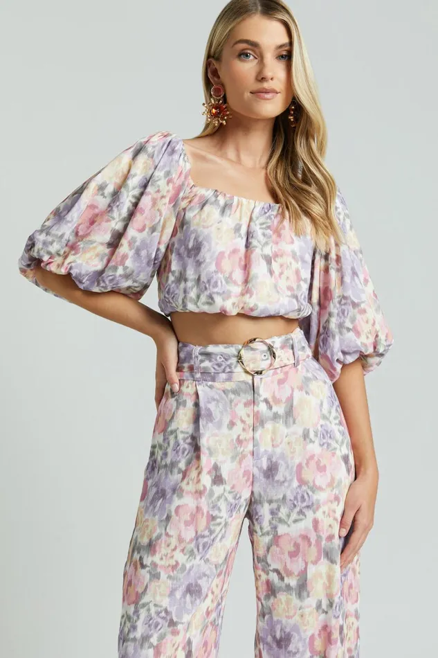 Amalie The Label 8211 Mimie Linen Blend Short Puff Sleeve Tie Back Top In Aurora Print Women Showpo Tops