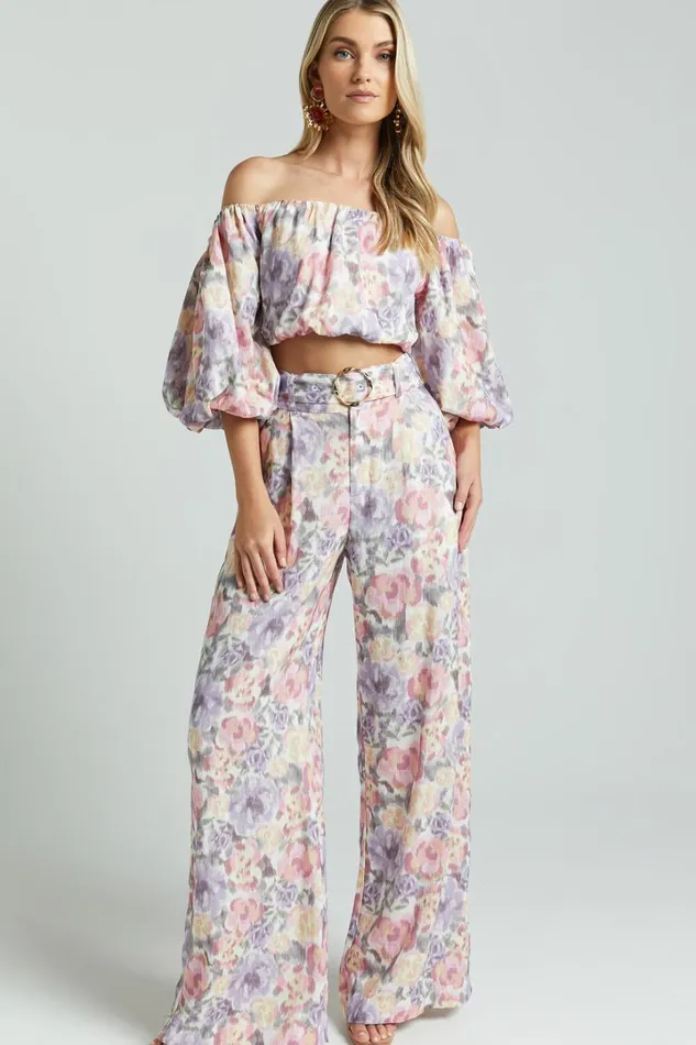 Amalie The Label 8211 Mimie Linen Blend Short Puff Sleeve Tie Back Top In Aurora Print Women Showpo Tops