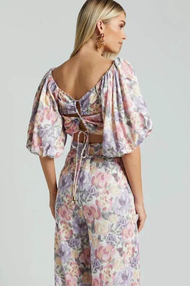 Amalie The Label 8211 Mimie Linen Blend Short Puff Sleeve Tie Back Top In Aurora Print Women Showpo Tops
