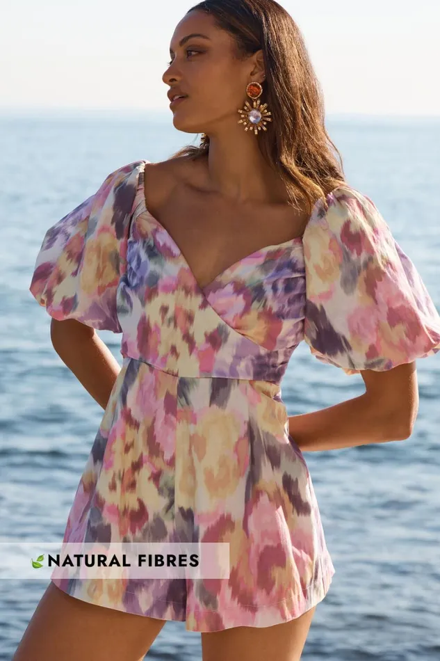 Amalie The Label 8211 Palais Linen Blend Off Shoulder Puff Sleeve Sweetheart Neck Playsuit In Montreuil Print Women Showpo Rompers