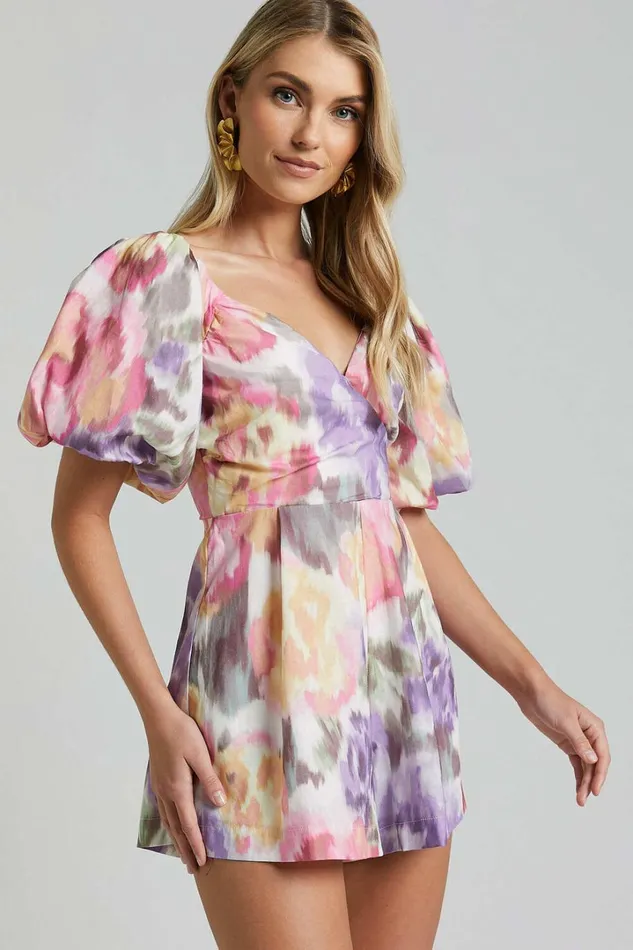 Amalie The Label 8211 Palais Linen Blend Off Shoulder Puff Sleeve Sweetheart Neck Playsuit In Montreuil Print Women Showpo Rompers