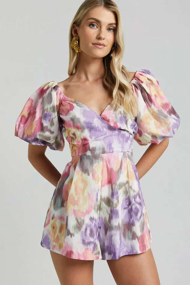 Amalie The Label 8211 Palais Linen Blend Off Shoulder Puff Sleeve Sweetheart Neck Playsuit In Montreuil Print Women Showpo Rompers
