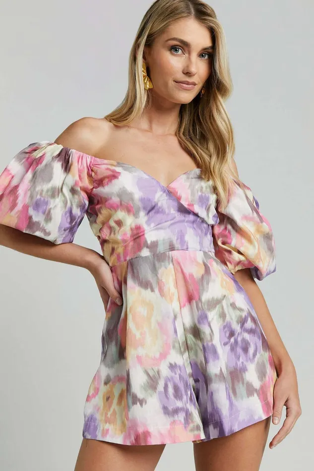 Amalie The Label 8211 Palais Linen Blend Off Shoulder Puff Sleeve Sweetheart Neck Playsuit In Montreuil Print Women Showpo Rompers