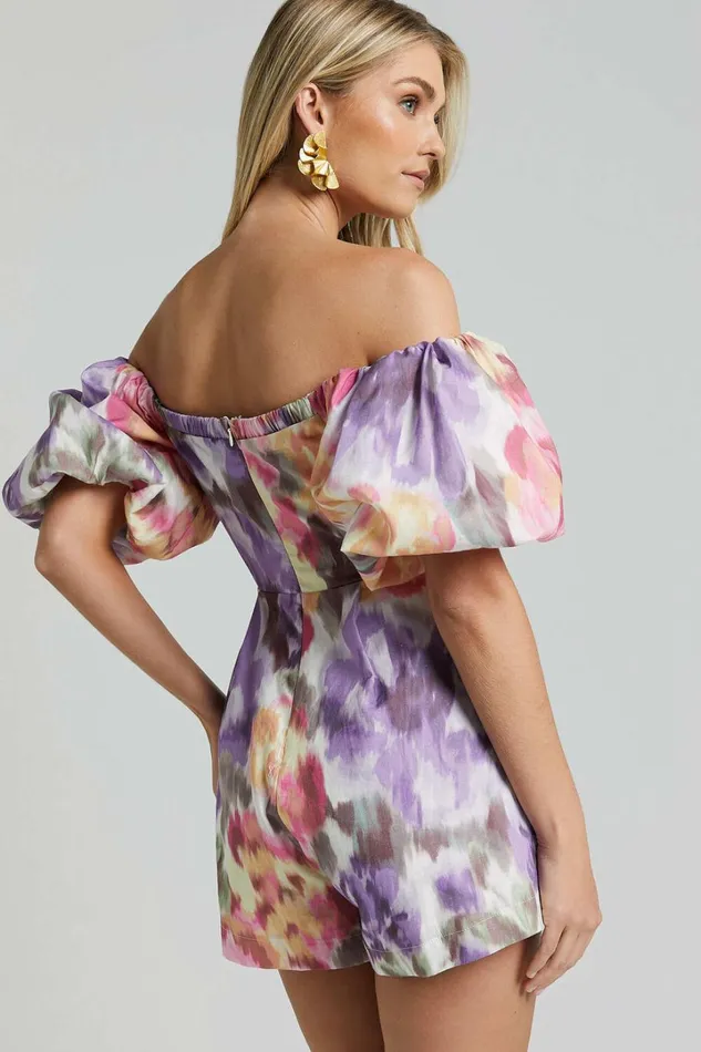 Amalie The Label 8211 Palais Linen Blend Off Shoulder Puff Sleeve Sweetheart Neck Playsuit In Montreuil Print Women Showpo Rompers