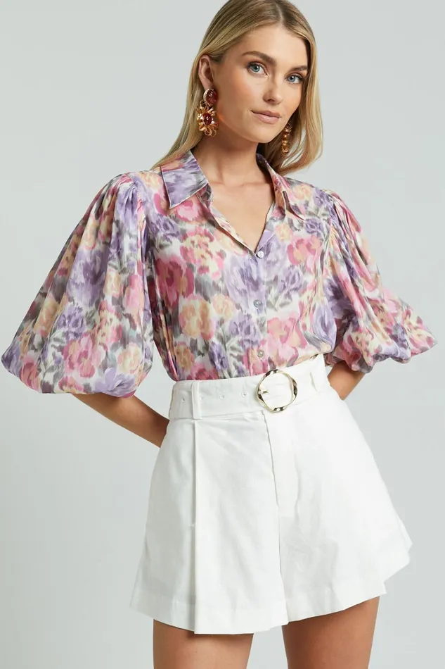 Amalie The Label 8211 Sabine Puff Sleeve Button Through Blouse In Aurora Print Women Showpo Curve Clothes