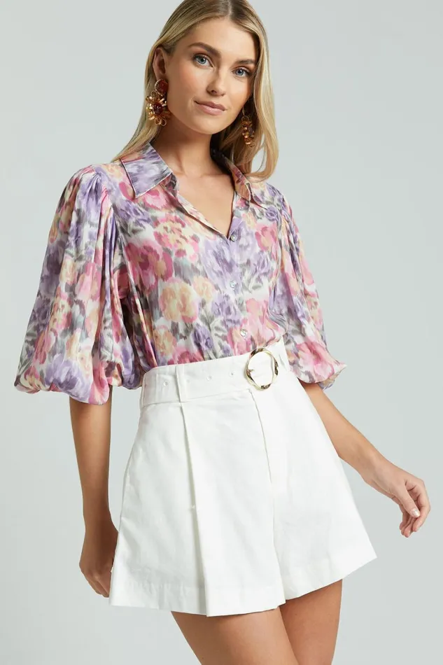 Amalie The Label 8211 Sabine Puff Sleeve Button Through Blouse In Aurora Print Women Showpo Curve Clothes