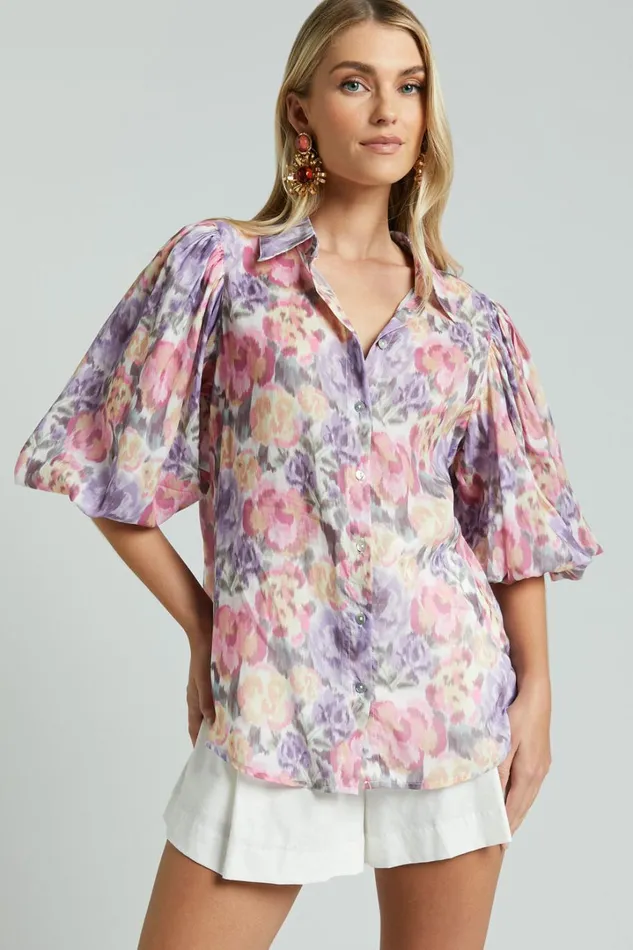 Amalie The Label 8211 Sabine Puff Sleeve Button Through Blouse In Aurora Print Women Showpo Curve Clothes