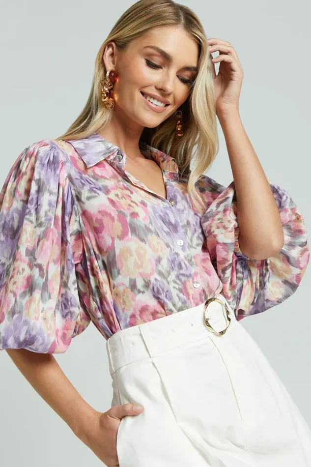 Amalie The Label 8211 Sabine Puff Sleeve Button Through Blouse In Aurora Print Women Showpo Curve Clothes