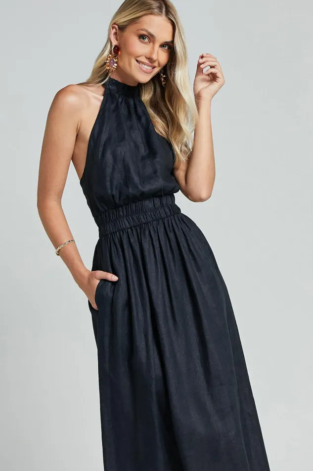 Amalie The Label 8211 Shepard Linen Blend Halter Neck Maxi Dress In Black Women Showpo Conscious