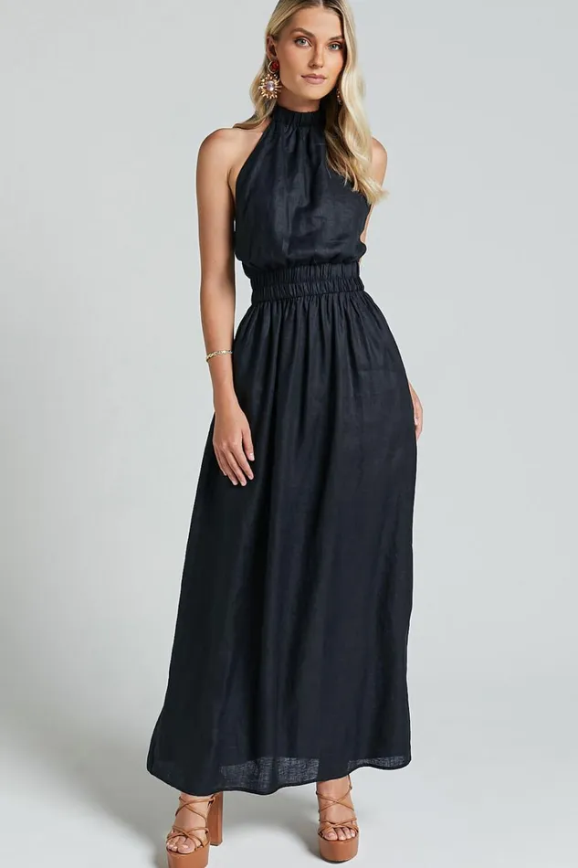 Amalie The Label 8211 Shepard Linen Blend Halter Neck Maxi Dress In Black Women Showpo Conscious