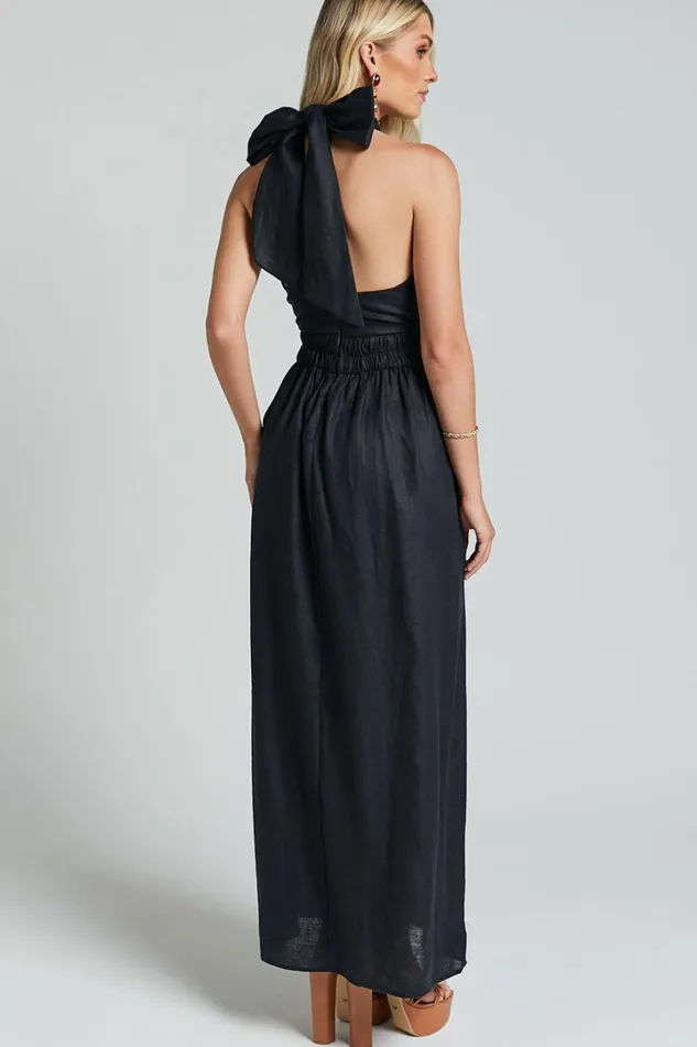 Amalie The Label 8211 Shepard Linen Blend Halter Neck Maxi Dress In Black Women Showpo Conscious