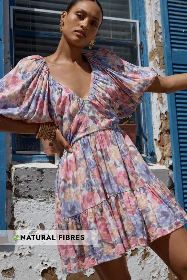 Amalie The Label 8211 Tallulah Linen Blend V Neck Puff Sleeve Mini Dress In Aurora Print Women Showpo Dresses Amalie The Label 8211 Tallulah Linen Blend V Neck Puff Sleeve Mini Dress In Aurora Print Women Showpo Dresses