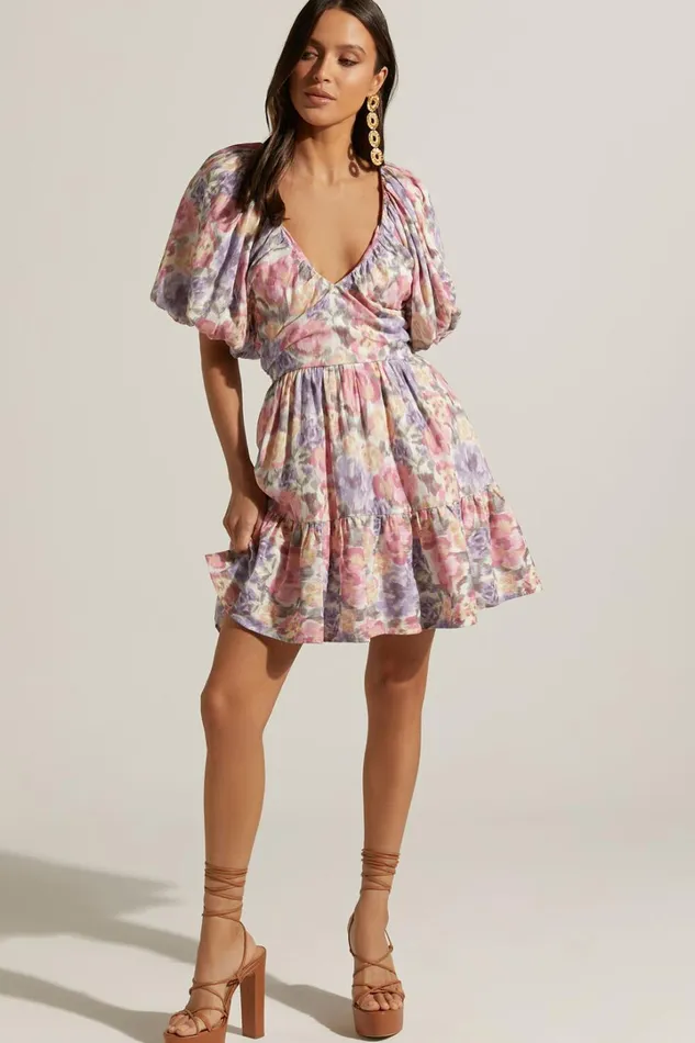 Amalie The Label 8211 Tallulah Linen Blend V Neck Puff Sleeve Mini Dress In Aurora Print Women Showpo Dresses