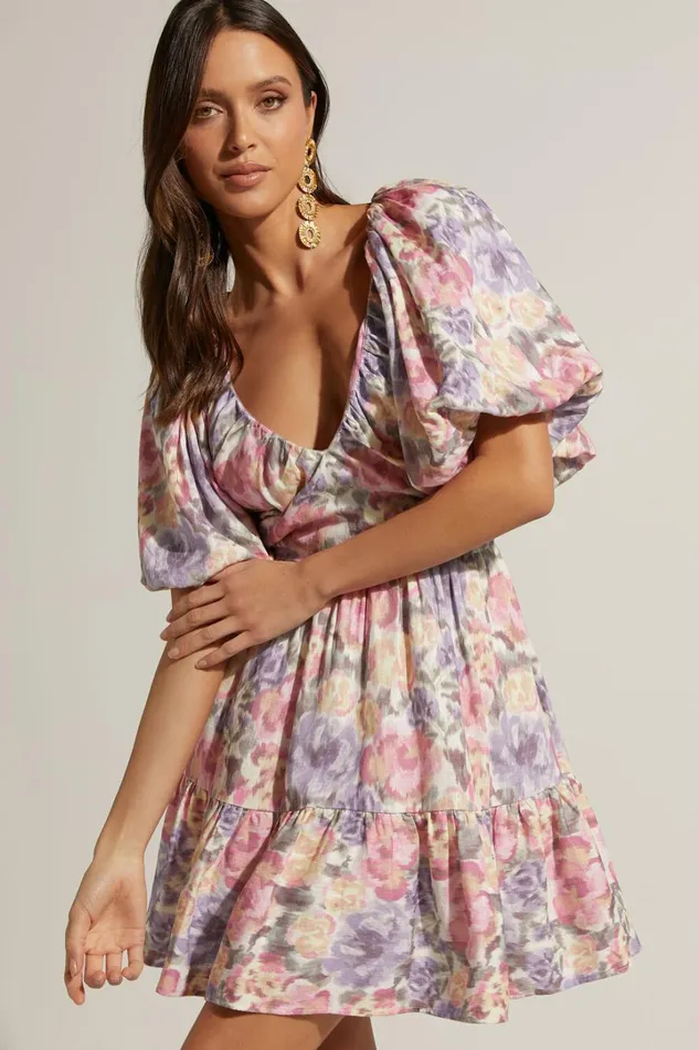 Amalie The Label 8211 Tallulah Linen Blend V Neck Puff Sleeve Mini Dress In Aurora Print Women Showpo Dresses