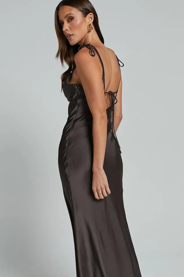 Amelia Midi Dress 8211 Cowl Neck Bias Cut Satin Dress In Espresso Women Showpo Dresses