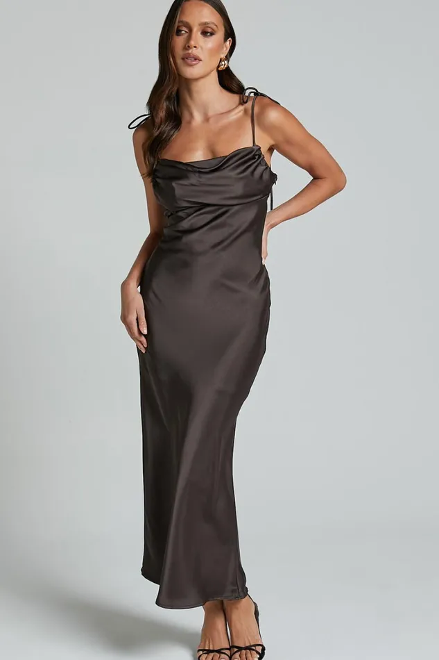 Amelia Midi Dress 8211 Cowl Neck Bias Cut Satin Dress In Espresso Women Showpo Dresses
