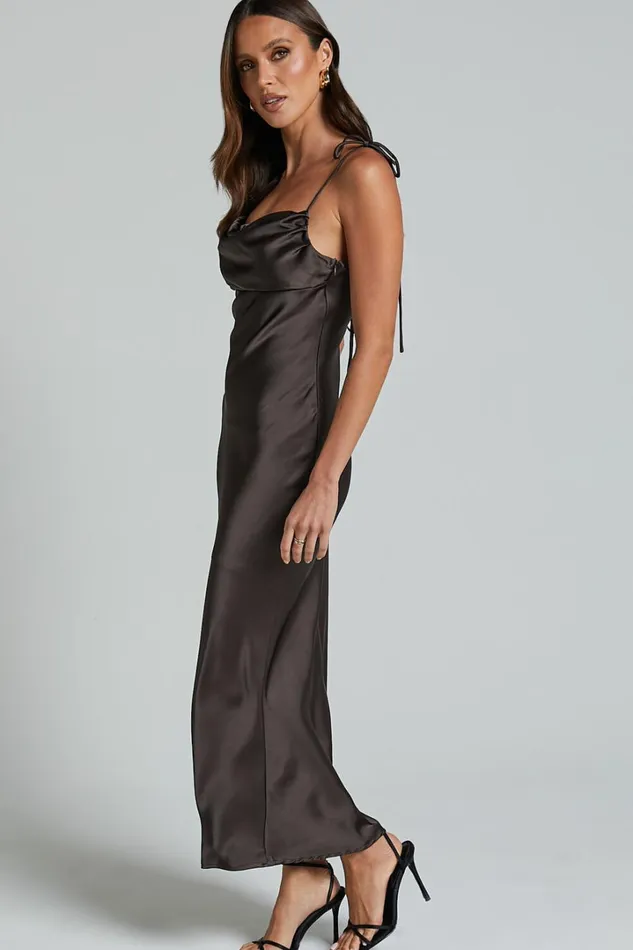 Amelia Midi Dress 8211 Cowl Neck Bias Cut Satin Dress In Espresso Women Showpo Dresses